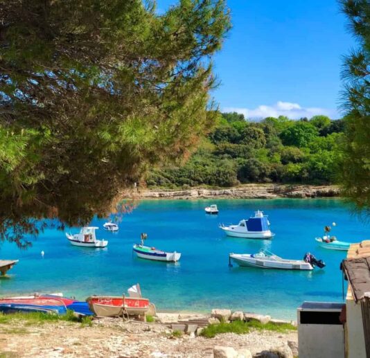 A peaceful coastal bay with anchored boats, turquoise water, and lush greenery in the background.