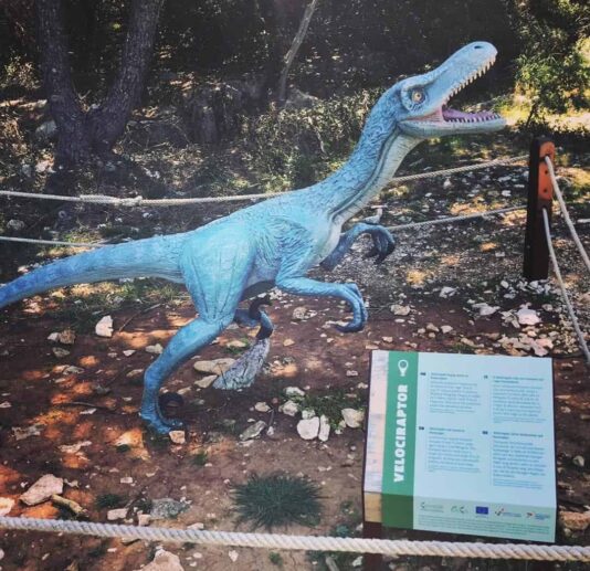 Life-sized Velociraptor model on display at Dinopark in a wooded area.